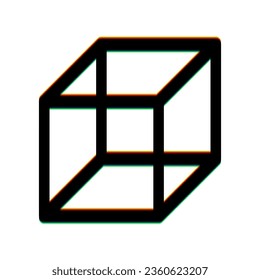 Wired cube sign. Black Icon with vertical effect of color edge aberration at white background. Illustration.