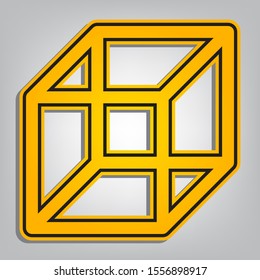 Wired cube sign. Flat orange icon with overlapping linear black icon with gray shadow at whitish background. Illustration.