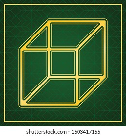 Wired cube sign. Golden icon with gold contour at dark green gridded white background. Illustration.