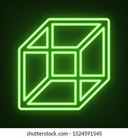 Wired cube sign. Green neon icon in the dark. Blurred lightening. Illustration.