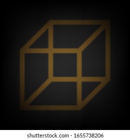 Wired cube sign. Icon as grid of small orange light bulb in darkness. Illustration.