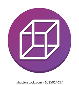 Wired cube sign with optical illusion. Vector. White icon with flat shadow on purpureus circle at white background. Isolated.