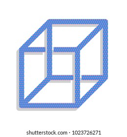 Wired cube sign with optical illusion. Vector. Neon blue icon with cyclamen polka dots pattern with light gray shadow on white background. Isolated.