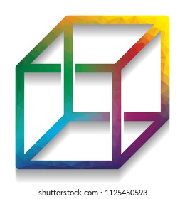 Wired cube sign with optical illusion. Vector. Colorful icon with bright texture of mosaic with soft shadow on white background. Isolated.