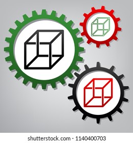 Wired cube sign with optical illusion. Vector. Three connected gears with icons at grayish background.