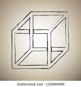 Wired cube sign with optical illusion. Vector. Brush drawed black icon at light brown background.