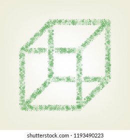 Wired cube sign with optical illusion. Vector. Green hexagon rastered icon and noised opacity and size at light green background with central light.