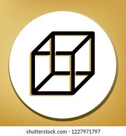 Wired cube sign with optical illusion. Vector. Black icon with light brown shadow in white circle with shaped ring at golden background.