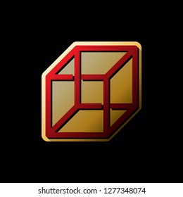 Wired cube sign with optical illusion. Vector. Red icon with small black and limitless shadows at golden sticker on black background.