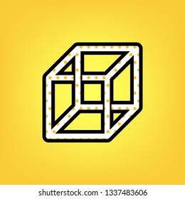 Wired cube sign with optical illusion. Vector. Yellow polka dot white icon with black contour at warm yellow background.