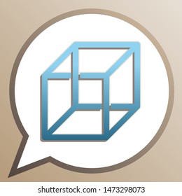 Wired cube sign with optical illusion. Bright cerulean icon in white speech balloon at pale taupe background. Illustration.
