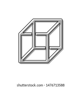 Wired cube sign with optical illusion. Black line icon with gray shifted flat filled icon on white background. Illustration.