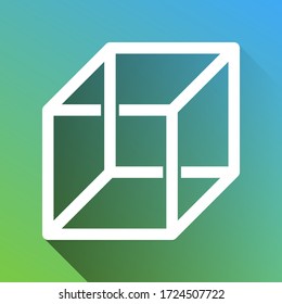 Wired cube sign with optical illusion. White Icon with gray dropped limitless shadow on green to blue background. Illustration.