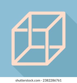 Wired cube sign with optical illusion. Unbleached silk Icon with very long shadow at dark sky blue background. Illustration.