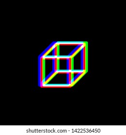 Wired cube sign. Red, green and blue unfocused contour icon at black background. Illustration.