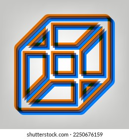Signo de cubo con cable. Icono marcado en colores naranja, azul y lavanda antigua en fondo gris. Ilustración.