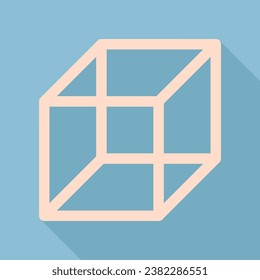 Wired cube sign. Unbleached silk Icon with very long shadow at dark sky blue background. Illustration.