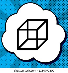 Wired cube sign. Vector. Black icon in bubble on blue pop-art background with rays.