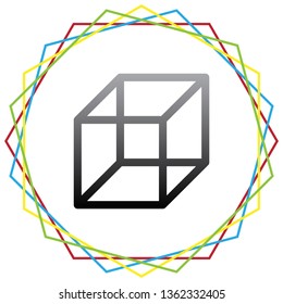 Wired cube sign. Vector. Black icon with patch of light inside colorful hexagonal frames at white background.