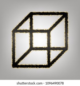 Wired cube sign. Vector. Blackish icon with golden stars at grayish background.