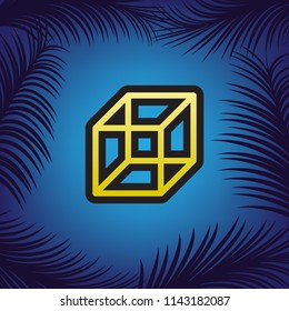 Wired cube sign. Vector. Golden icon with black contour at blue background with branches of palm trees.
