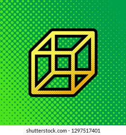 Wired cube sign. Vector. Pop art orange to yellow dots-gradient icon with black contour at greenish background.