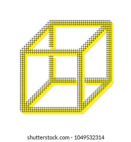 Wired cube sign with visisble ribs. Vector. Yellow icon with square pattern duplicate at white background. Isolated.