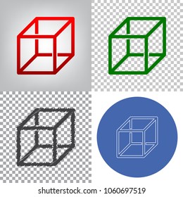 Wired cube sign with visisble ribs. Vector. 4 styles. Red gradient in radial lighted background, green flat and gray scribble icons on transparent and linear one in blue circle.
