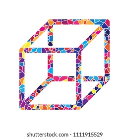Wired cube sign with visisble ribs. Vector. Stained glass icon on white background. Colorful polygons. Isolated.
