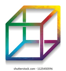 Wired cube sign with visisble ribs. Vector. Colorful icon with bright texture of mosaic with soft shadow on white background. Isolated.