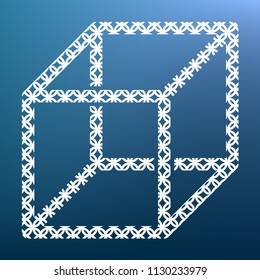 Wired cube sign with visisble ribs. Vector. White textured icon at lapis lazuli gradient background.