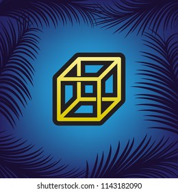 Wired cube sign with visisble ribs. Vector. Golden icon with black contour at blue background with branches of palm trees.