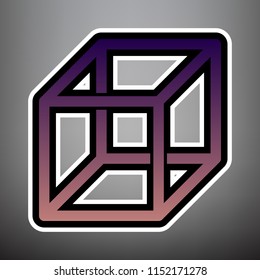 Wired cube sign with visisble ribs. Vector. Violet gradient icon with black and white linear edges at gray background.
