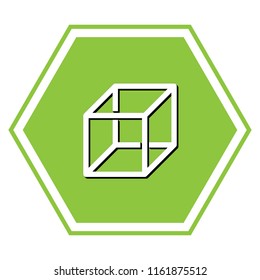 Wired cube sign with visisble ribs. Vector. White icon with black shadow at yellow green honeycomb on white background.