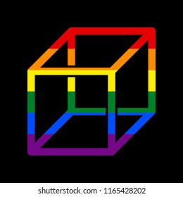Wired cube sign with visisble ribs. Vector. Icon with colors of LGBT flag at black background.