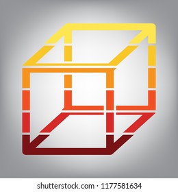 Wired cube sign with visisble ribs. Vector. Horizontally sliced icon with colors from sunny gradient in gray background.