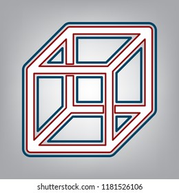 Wired cube sign with visisble ribs. Vector. Dark red, transparent and midnight green stroke of white icon at grayish background.