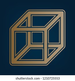 Wired cube sign with visisble ribs. Vector. Golden icon and border at dark cyan background.