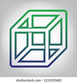 Wired cube sign with visisble ribs. Vector. Green to blue gradient contour icon at grayish background with light in center.