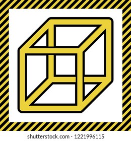 Wired cube sign with visisble ribs. Vector. Warm yellow icon with black contour in frame named as under construction at white background. Isolated.