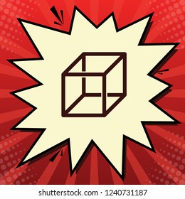 Wired cube sign with visisble ribs. Vector. Dark red icon in lemon chiffon shutter bubble at red popart background with rays.