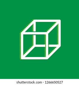 Wired cube sign with visisble ribs. Vector. White flat icon with yellow striped shadow at green background.