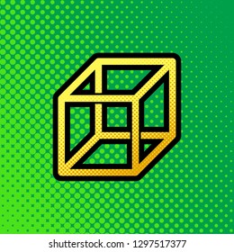 Wired cube sign with visisble ribs. Vector. Pop art orange to yellow dots-gradient icon with black contour at greenish background.