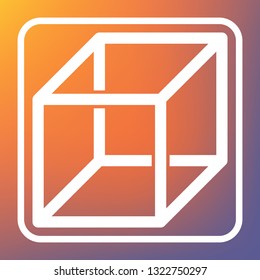 Wired cube sign with visisble ribs. Vector. White icon on transparent button at orange-violet gradient background.