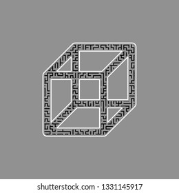 Wired cube sign with visisble ribs. Vector. Black maze filled icon with white border at gray background.