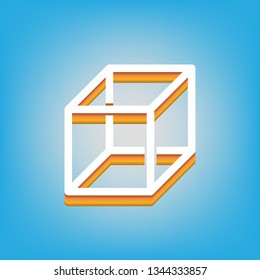 Wired cube sign with visisble ribs. Vector. White icon with 3d warm-colored gradient body at sky blue background.