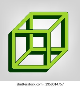Wired cube sign with visisble ribs. Vector. Yellow green solid icon with dark green external body at light colored background.