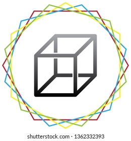 Wired cube sign with visisble ribs. Vector. Black icon with patch of light inside colorful hexagonal frames at white background.