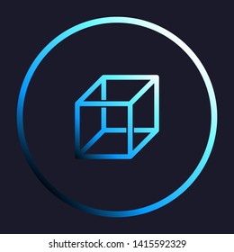 Wired cube sign with visisble ribs. White, cyan and blue gradient icon as round button in white shell at dark blue background. Illustration.
