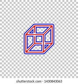 Wired cube sign with visisble ribs. Red, white and contour icon at transparent background. Illustration.